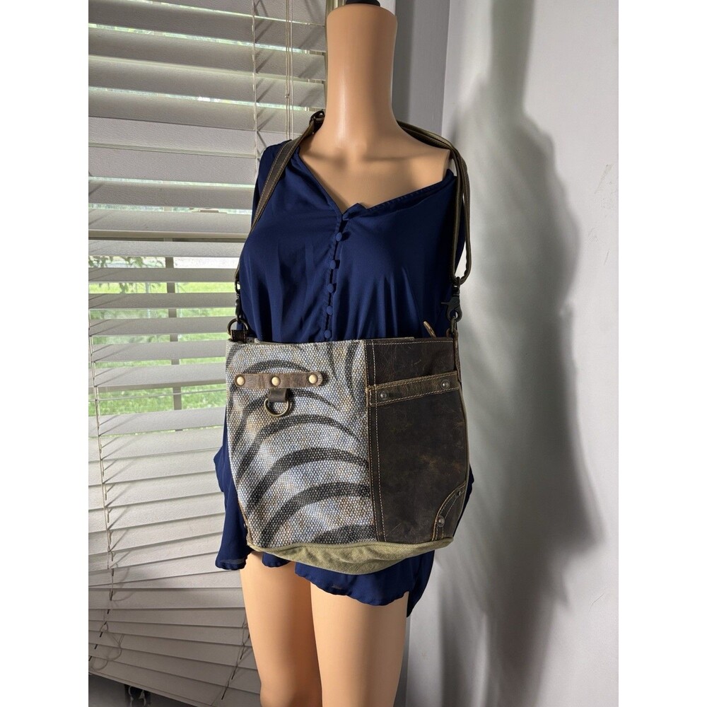 Myra Need Me Crossbody Bag Shoulder Purse Distressed Leather Zebra Canvas